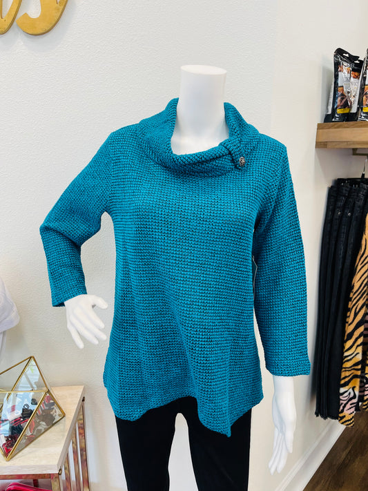 Bright Teal cow neck with button shark bite hem