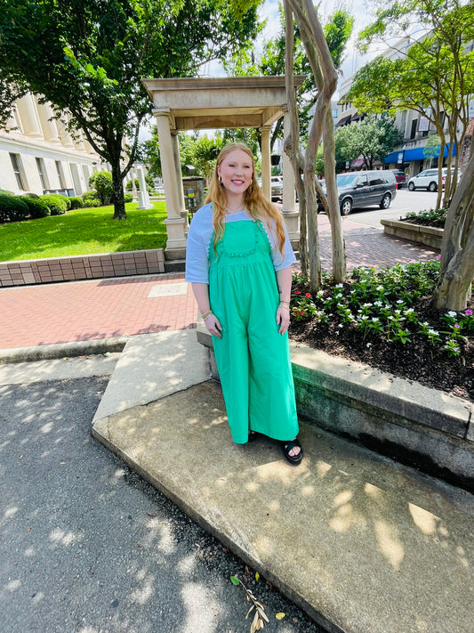 JADE GREEN LACE EDGE DETAIL WIDE LEG OVERALL