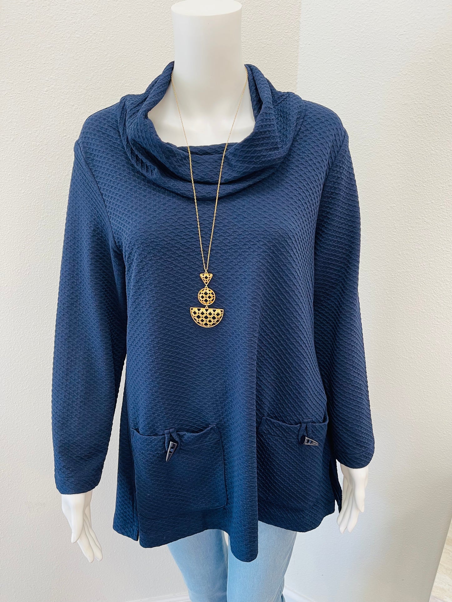 Navy Waffle Weave Cowl Neck Top