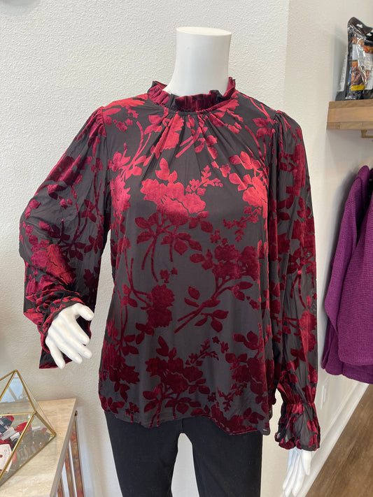 Black velvet floral print long sleeve blouse