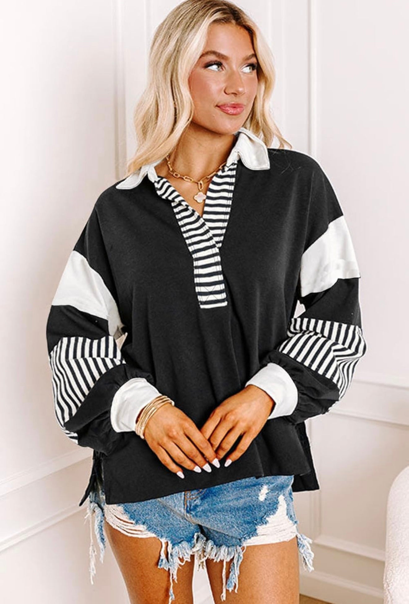 Black and White Stripe Colorblock Patchwork Collar Sweatshirt