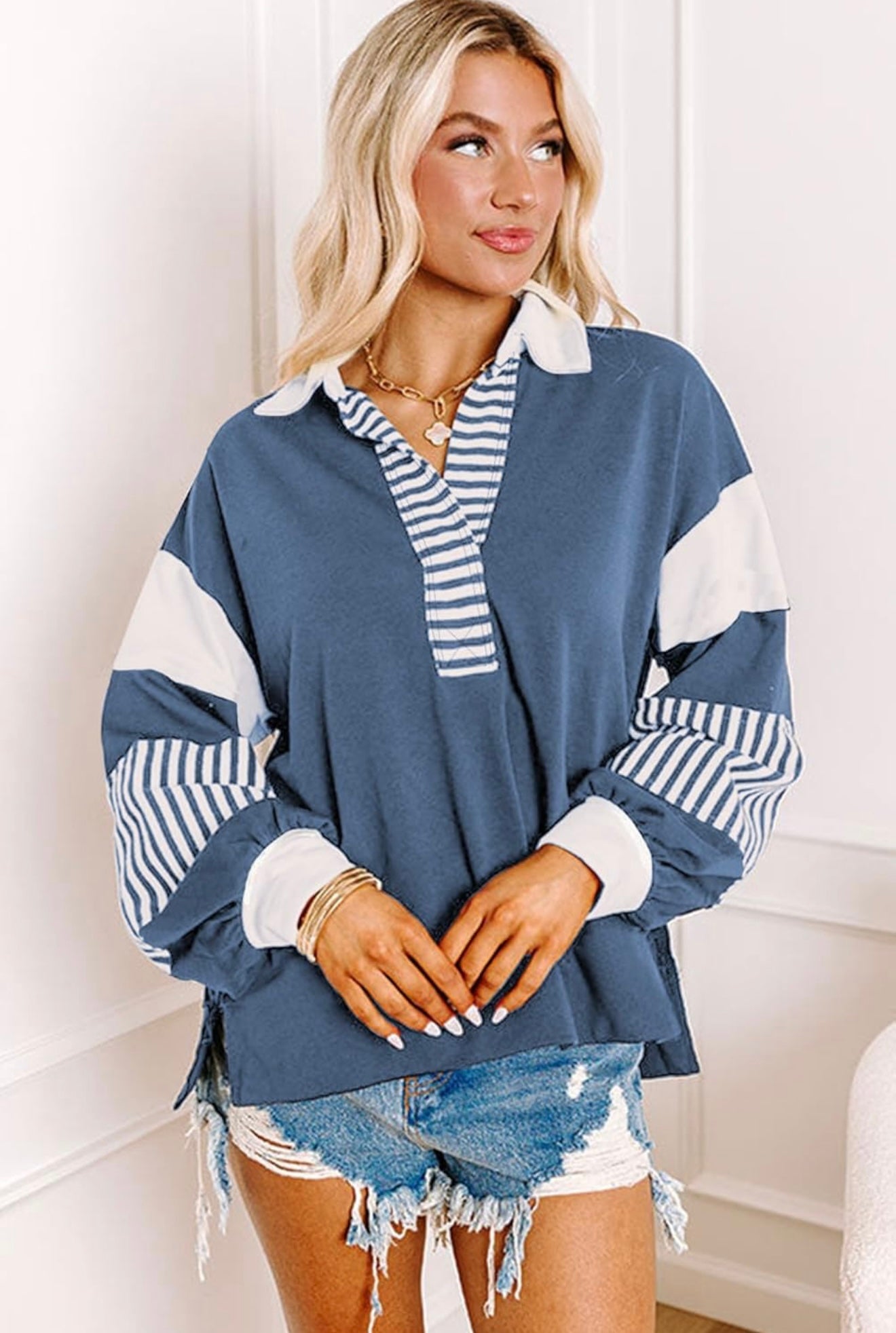 Blue and White Stripe Colorblock Patchwork Collar Sweatshirt