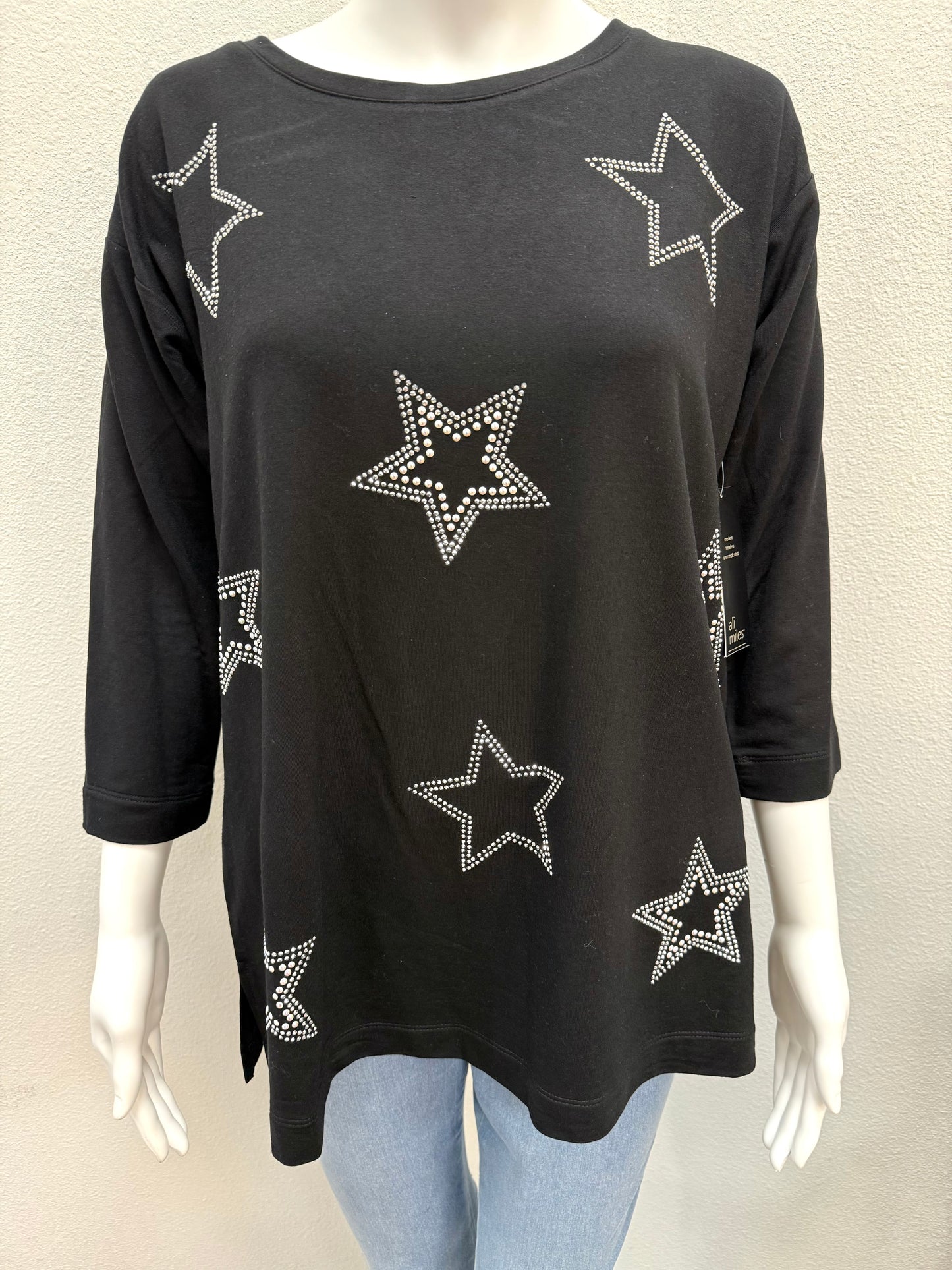 Black 3/4 Star Embellished Top