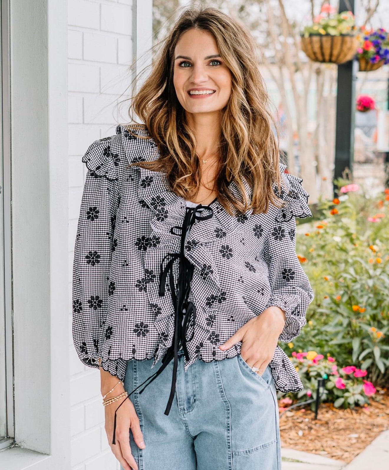 Black and White Searsucker 3 Tie Blouse