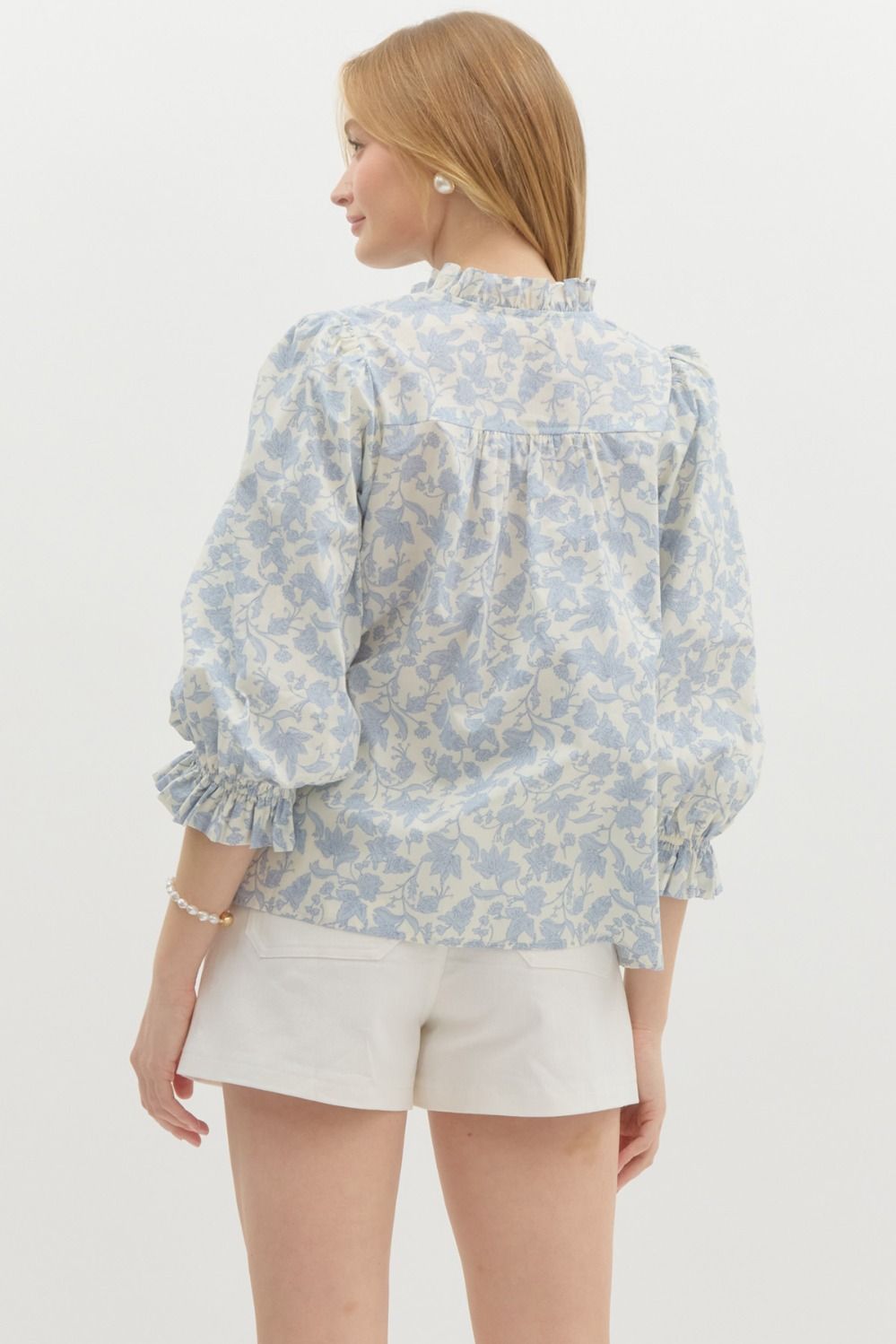 Floral print elasticated ¾ puff sleeve pullover top