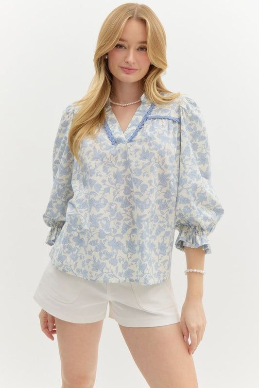 Floral print elasticated ¾ puff sleeve pullover top