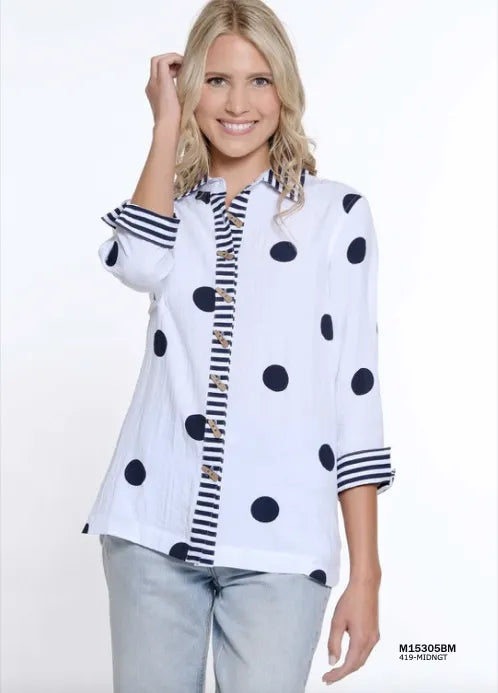 White and Navy Polka Dot Striped Button Up