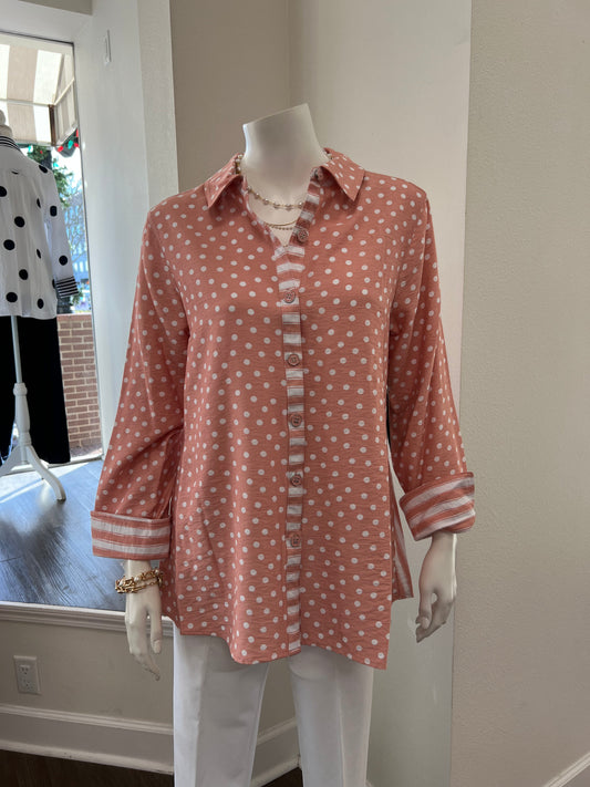 Pink Polka Dot Striped Button Up Top