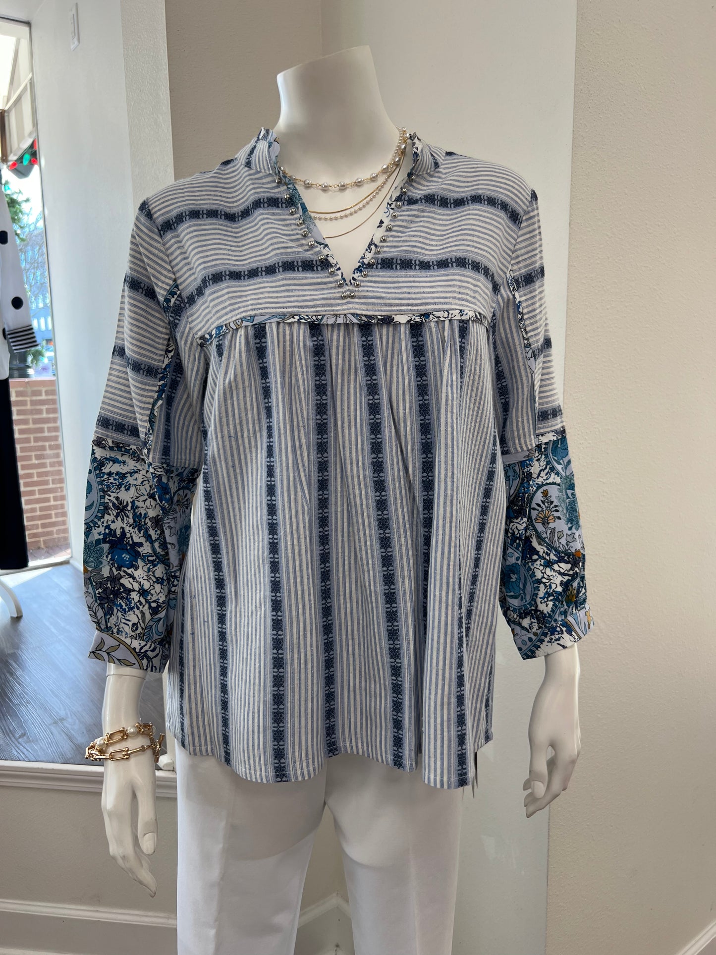 Blue Pin Stripe Floral V-Neck Blouse