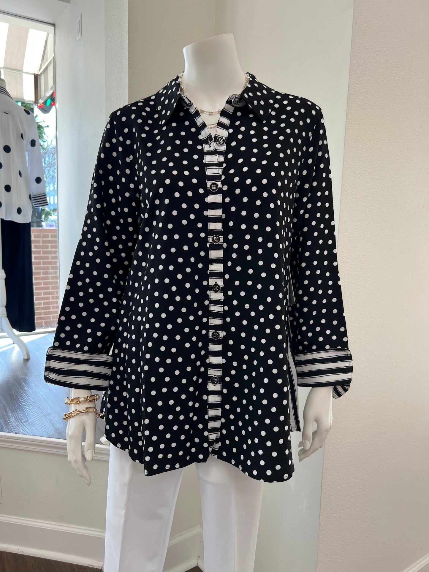 Black Polka Dot Striped Button Up Top