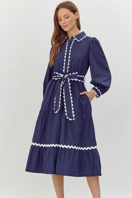 Navy Blue White Trim Button Up Dress