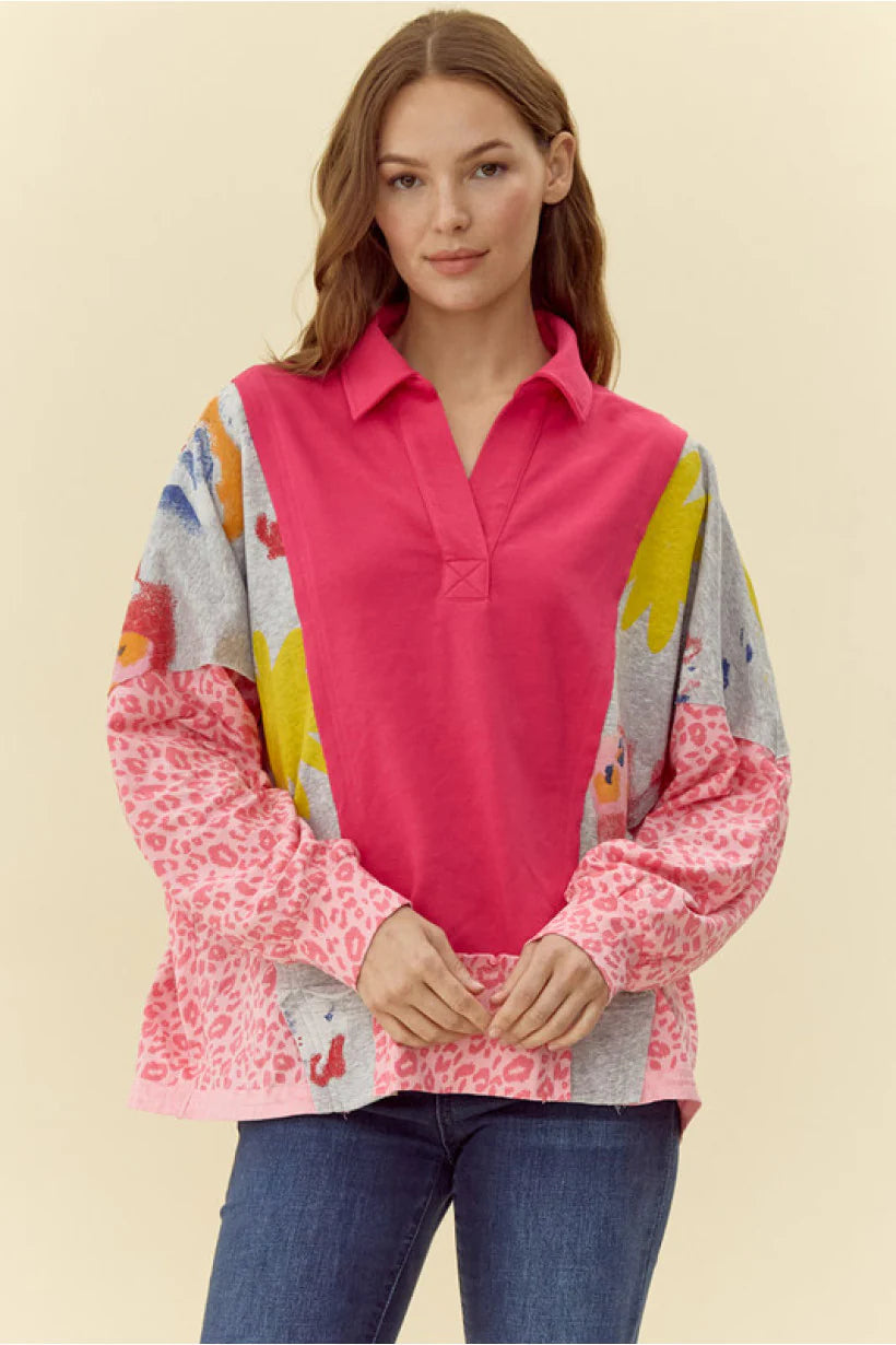 Fuchsia Patchwork V Neck Sweatshirt