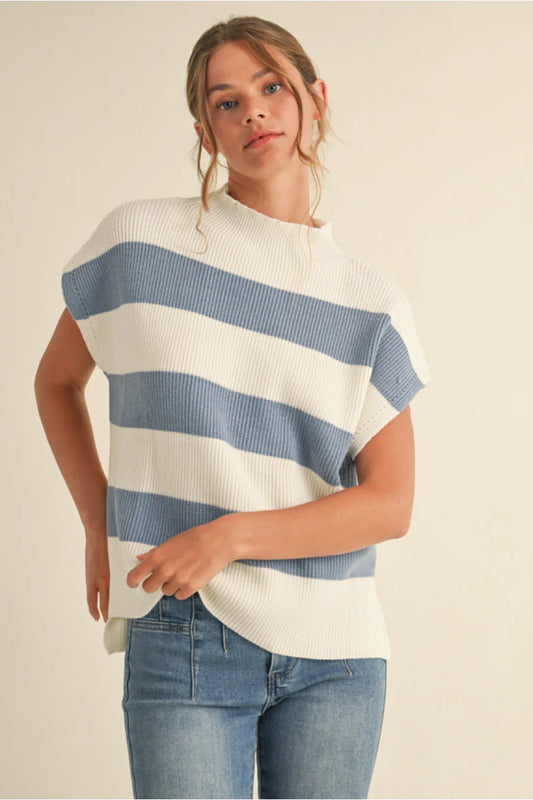 Short Sleeve Light Blue Striped Sweater