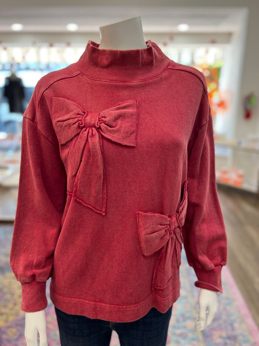 Red Bow Mock Neck Knit Top