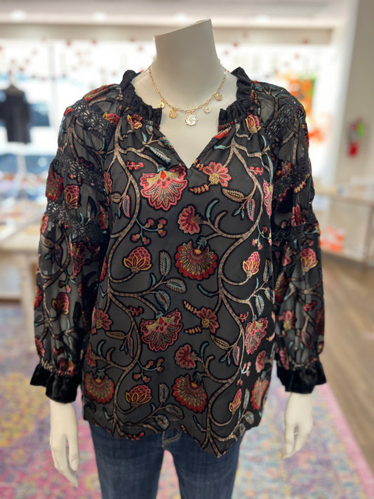 Black Floral Velvet Top