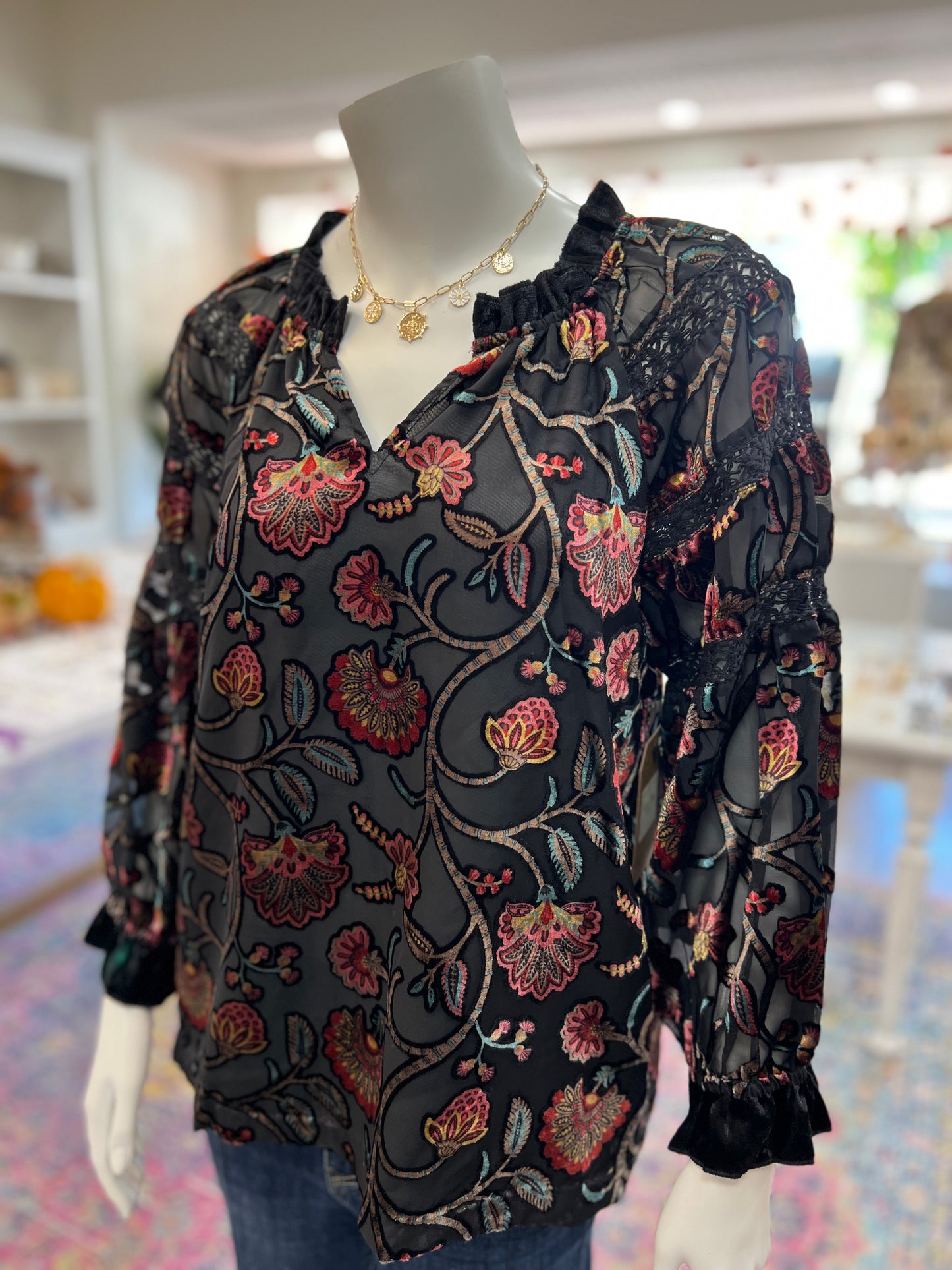 Black Floral Velvet Top