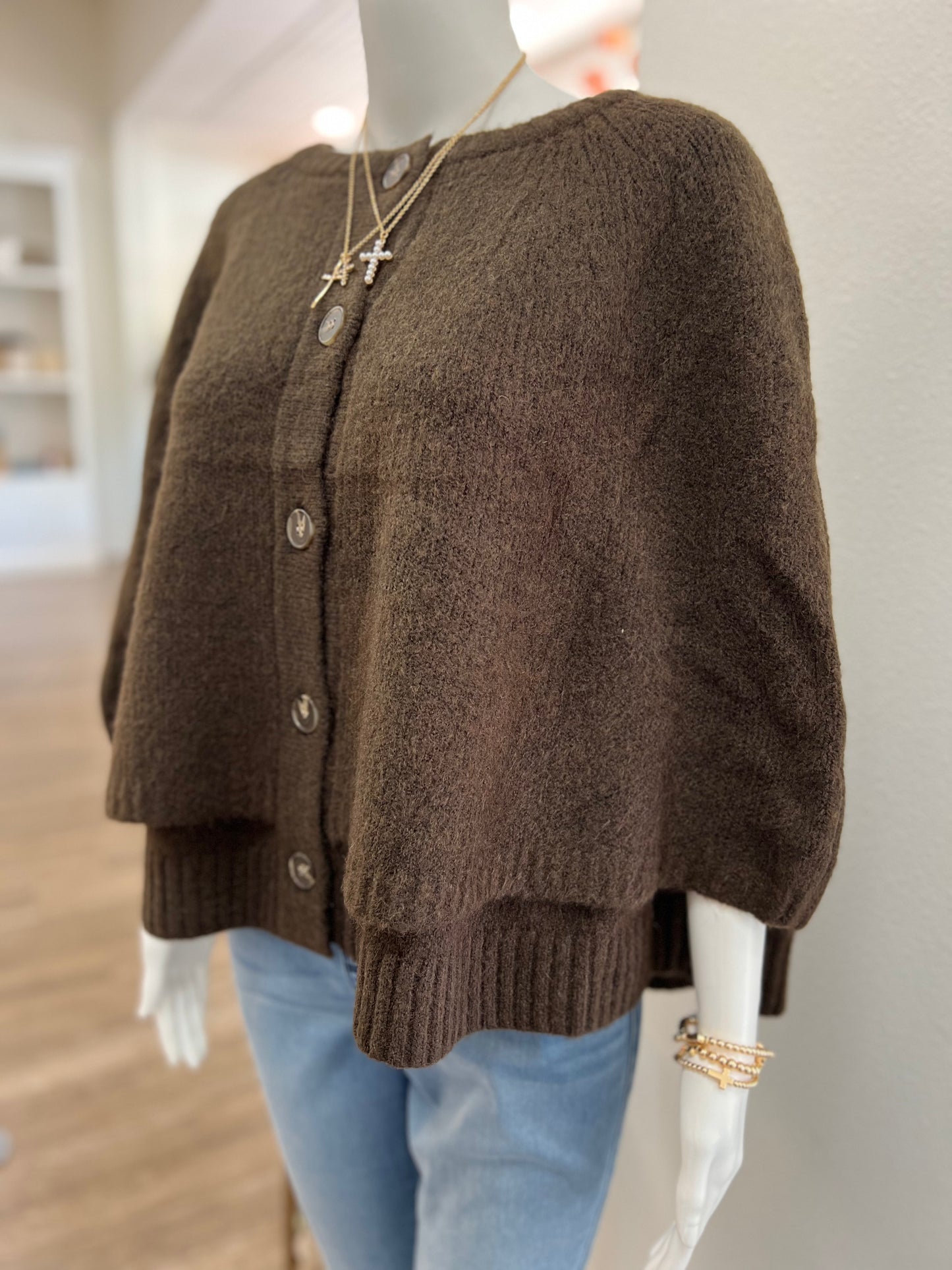 Espresso Buttoned Sweater Cape Cardigan