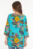 Teal Embroidered Floral Print Split Neck 3/4 Cuffed Sleeve Woven Tunic