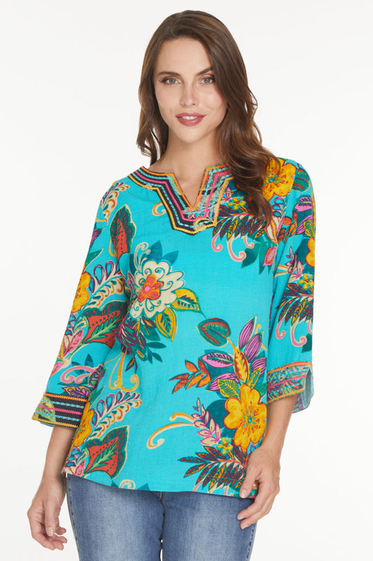 Teal Embroidered Floral Print Split Neck 3/4 Cuffed Sleeve Woven Tunic