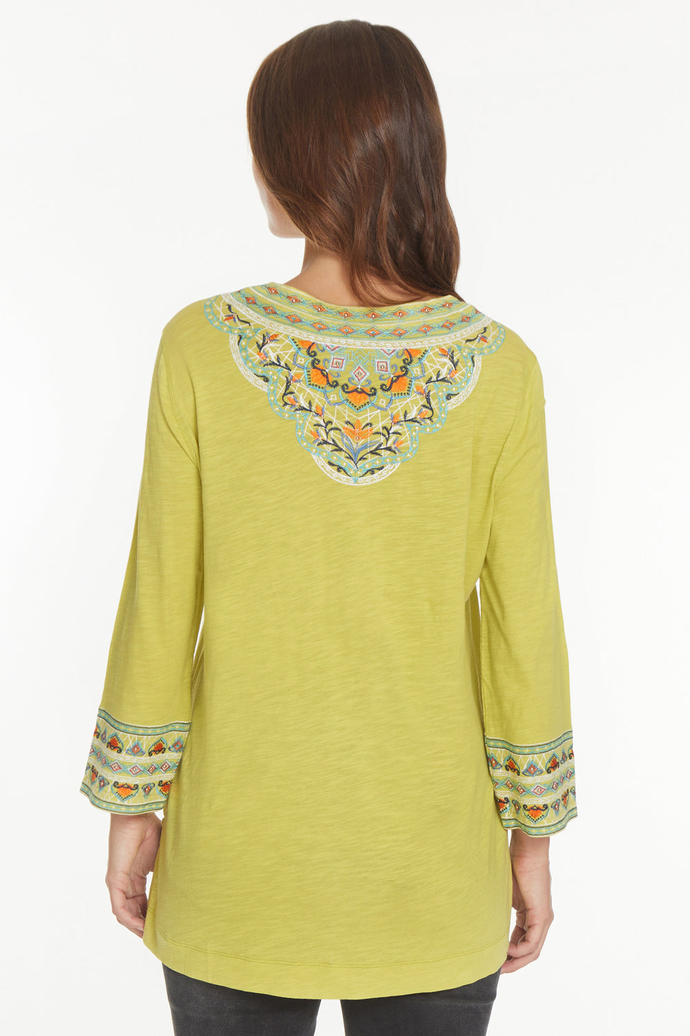 Citron Medallion Floral Embroidered V-Neck 3/4 Sleeve Knit Tunic