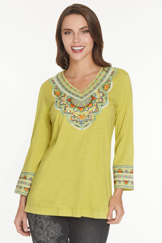 Citron Medallion Floral Embroidered V-Neck 3/4 Sleeve Knit Tunic