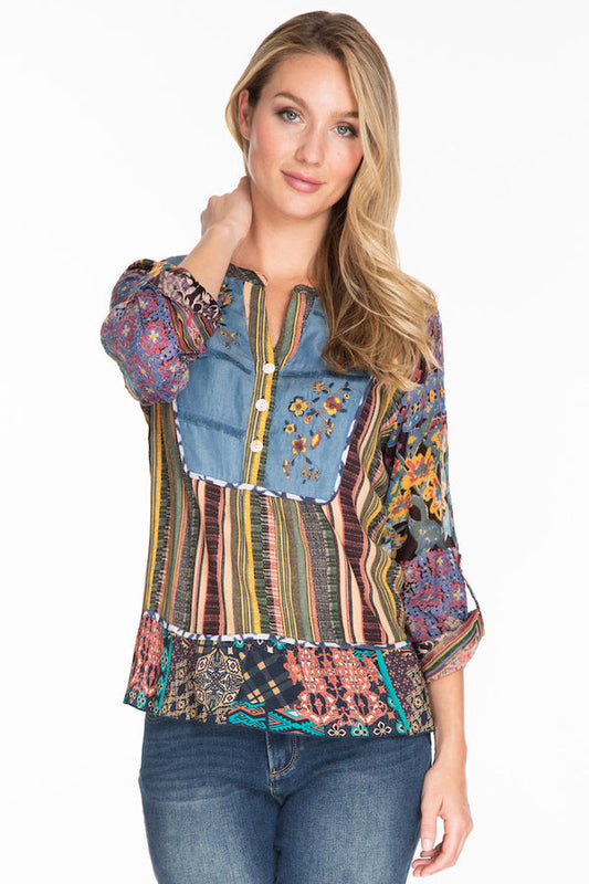 VELVET EMBROIDERED BUTTON UP TUNIC MULTI