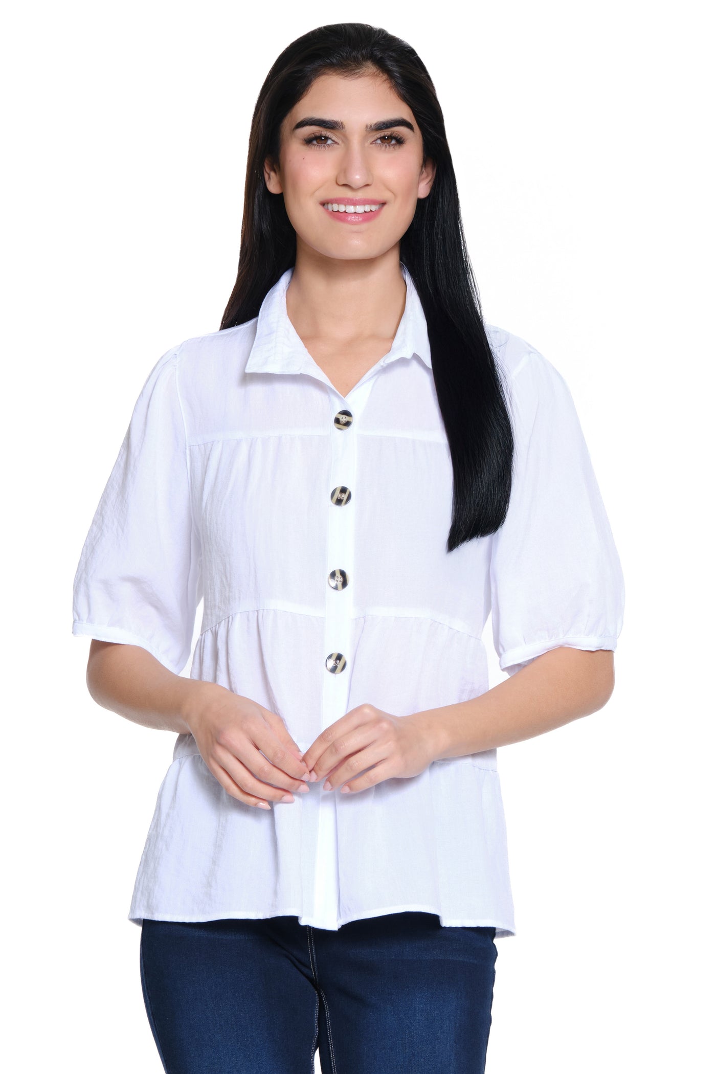 Tiered Button Front Shirt - White