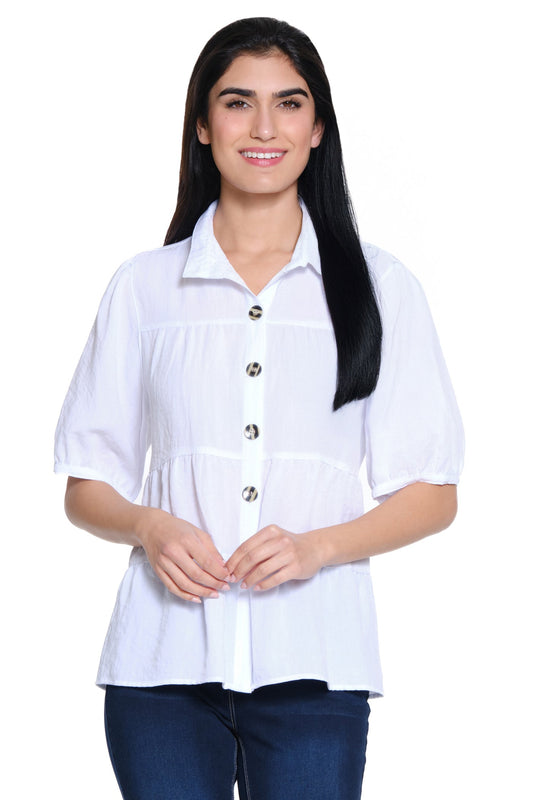 Tiered Button Front Shirt - White