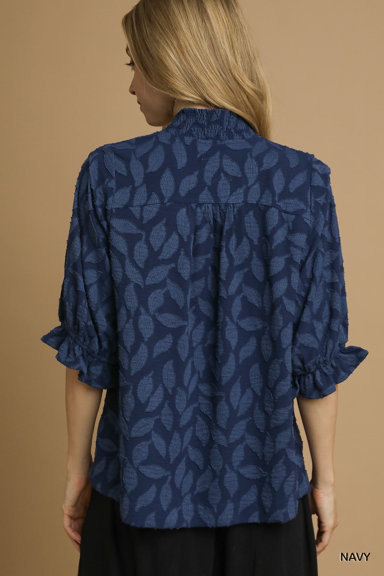 Navy Floral Jacquard V-Neck Top