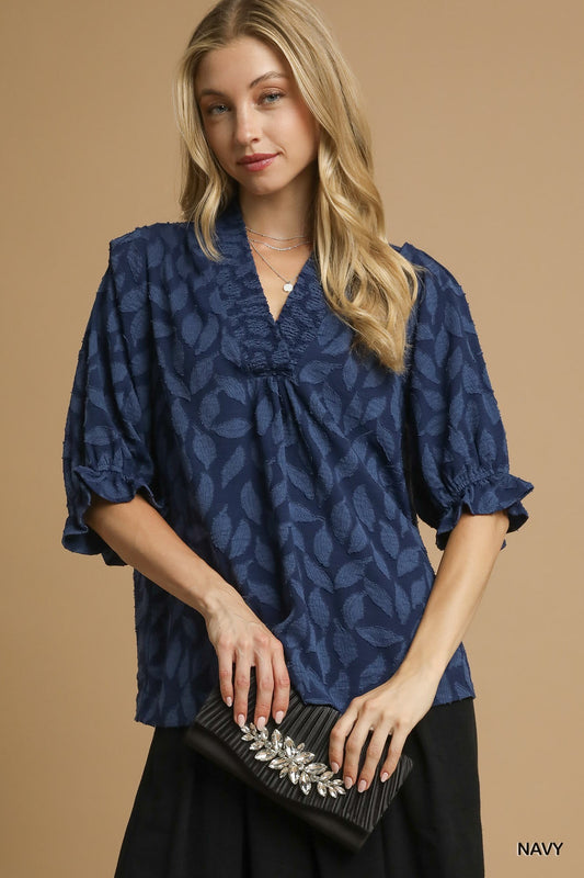Navy Floral Jacquard V-Neck Top