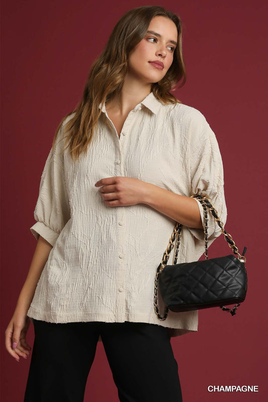 Champagne Jacquard Textured Leaf Button-Down Blouse