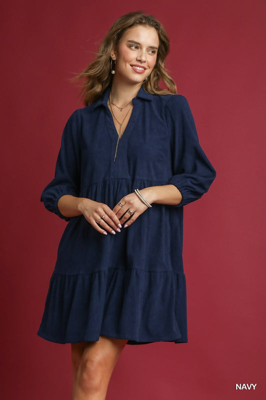 Navy Tiered Corduroy Mini Dress with Balloon Sleeves