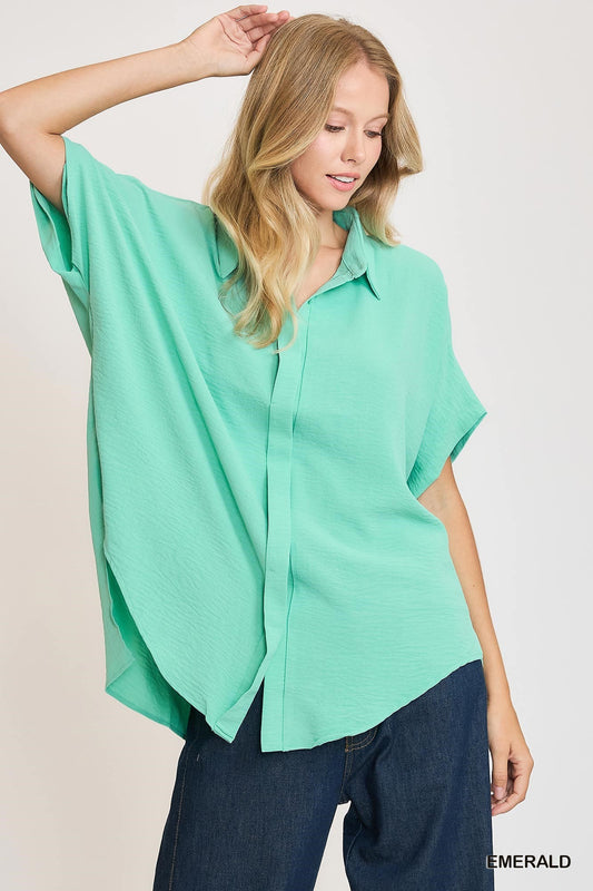 Ocean Oversized Dolman Button-Up Blouse