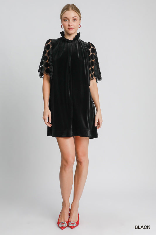 Black Velvet Lattice Sleeve Dress