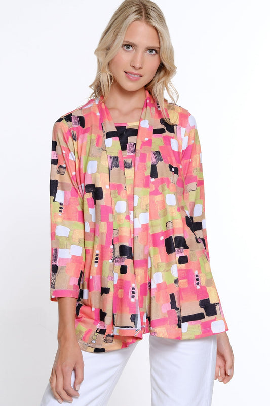 Print Knit Jacket and Matching Tank Set - Square Multi