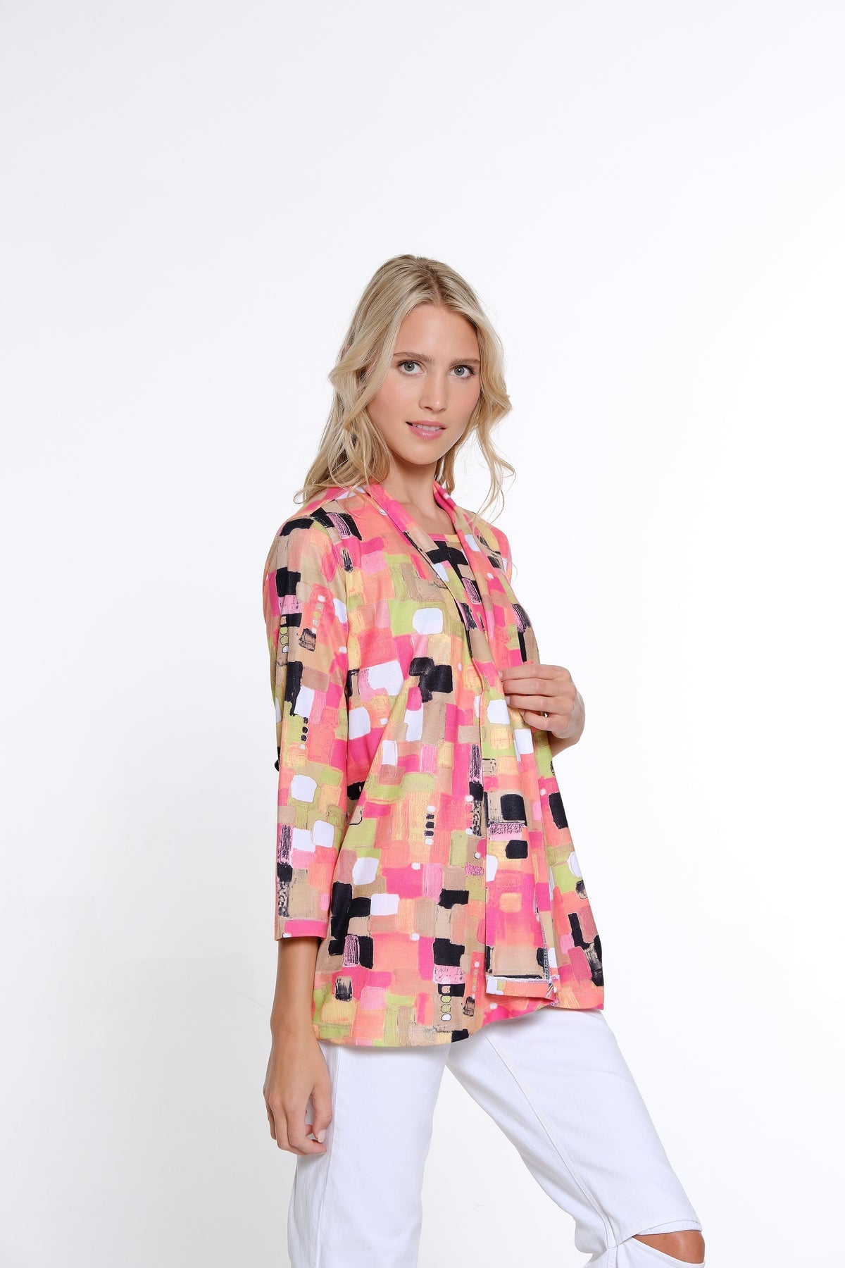 Print Knit Jacket and Matching Tank Set - Square Multi