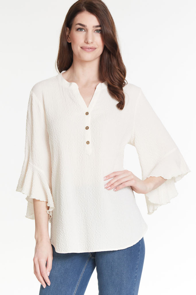 ELBOW FLOUNCE SLEEVE GAUZE TOP - SANDSTONE