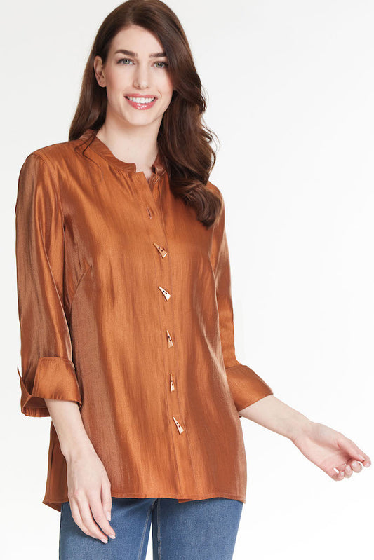 BUTTON FRONT SOLID SHIMMER SHIRT - RICH TOBACCO
