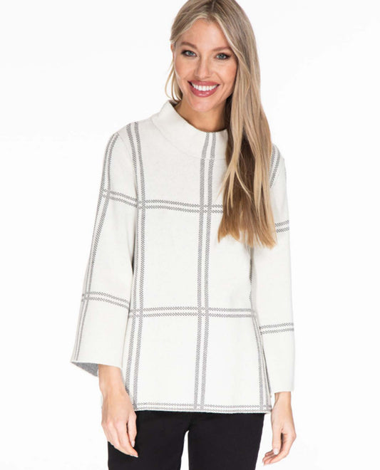 Nickle/Ivory 3/4 SLEEVE MOCK NECK PLAID SWEATER