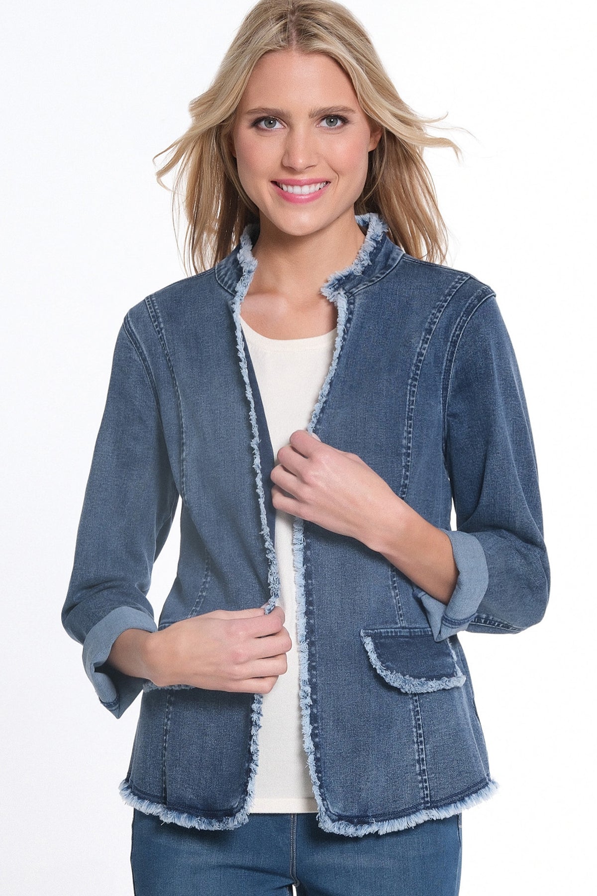 LONG SLEEVE STAND COLLAR OPEN FRONT JACKET - WOMEN'S - MEDIUM INDIGO