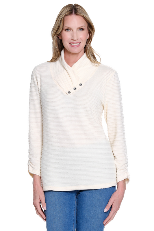 Shirred Collar Rib Knit Top - Winter White