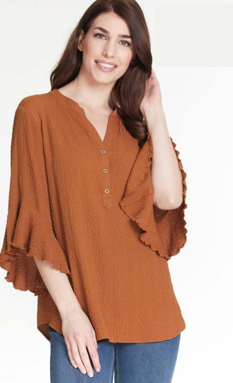 ELBOW FLOUNCE SLEEVE GAUZE TOP - RICH TOBACCO