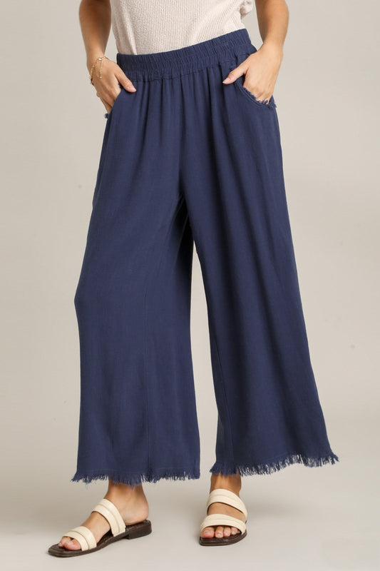 Wide Leg Linen Pants in Navy