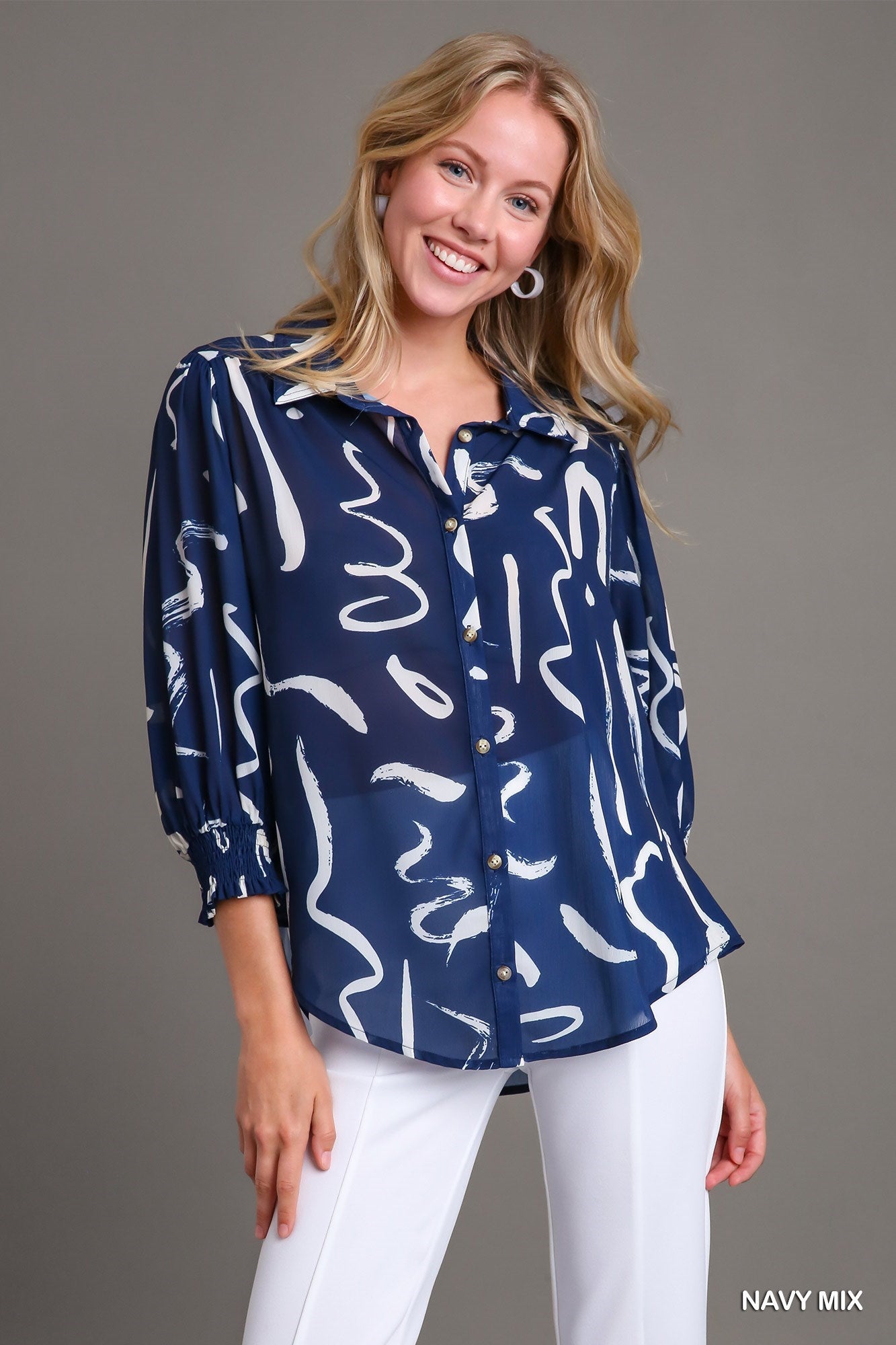 Navy Texture Woven Print Top with Cuffed Long Sleeve & High Low Hem