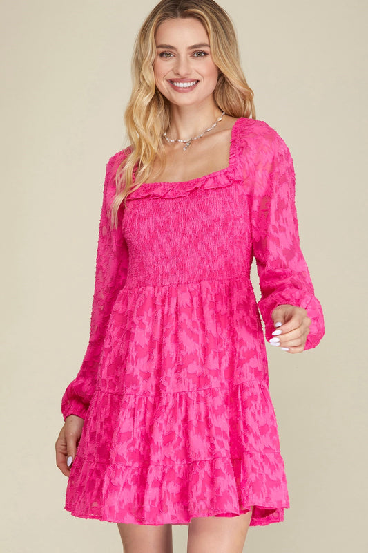 HOT PINK LONG SLEEVE WOVEN TEXTURE SMOCKED TIERED DRESS