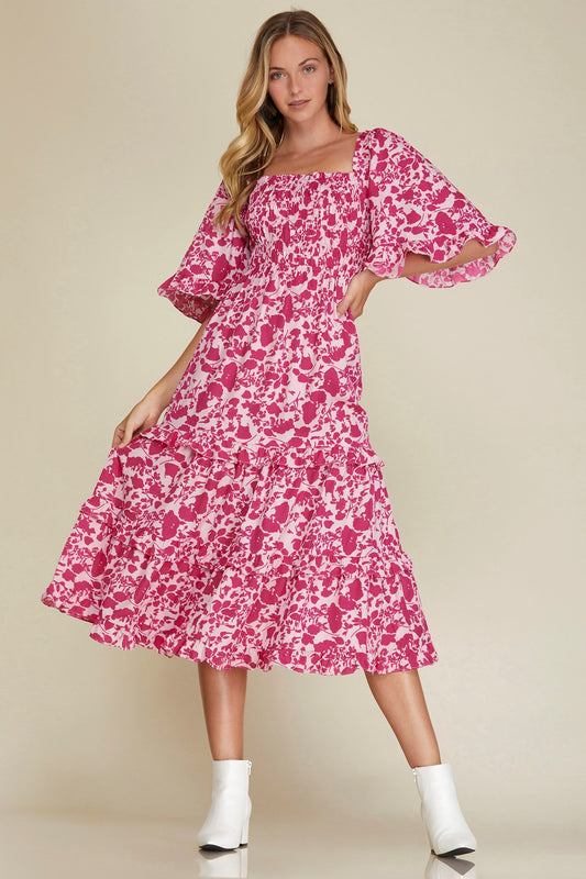PINKY BELL SLEEVE SQUARE NECK SMOCKED TIERED MIDI PRINT WOVEN DRESS