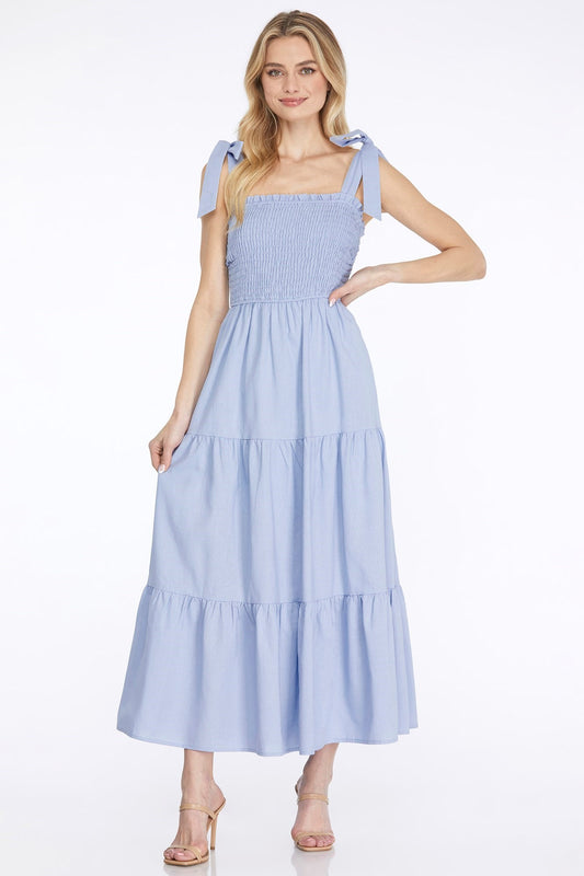 LIGHT BLUE SMOCKED TUBE MAXI WOVEN DRESS WITH SIDE POCKETS