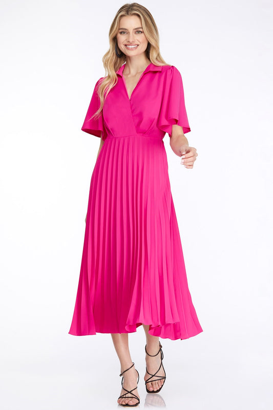 HOT PINK SHORT BELL SLEEVE WOVEN SURPLICE PLEATED COLLARED MIDI DRESS