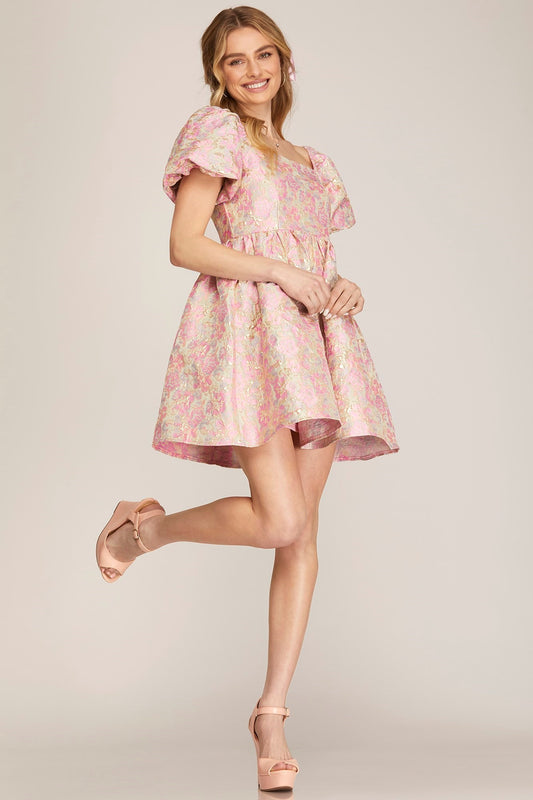 PINK PUFF SLEEVE JACQUARD FIT AND FLARE MINI DRESS