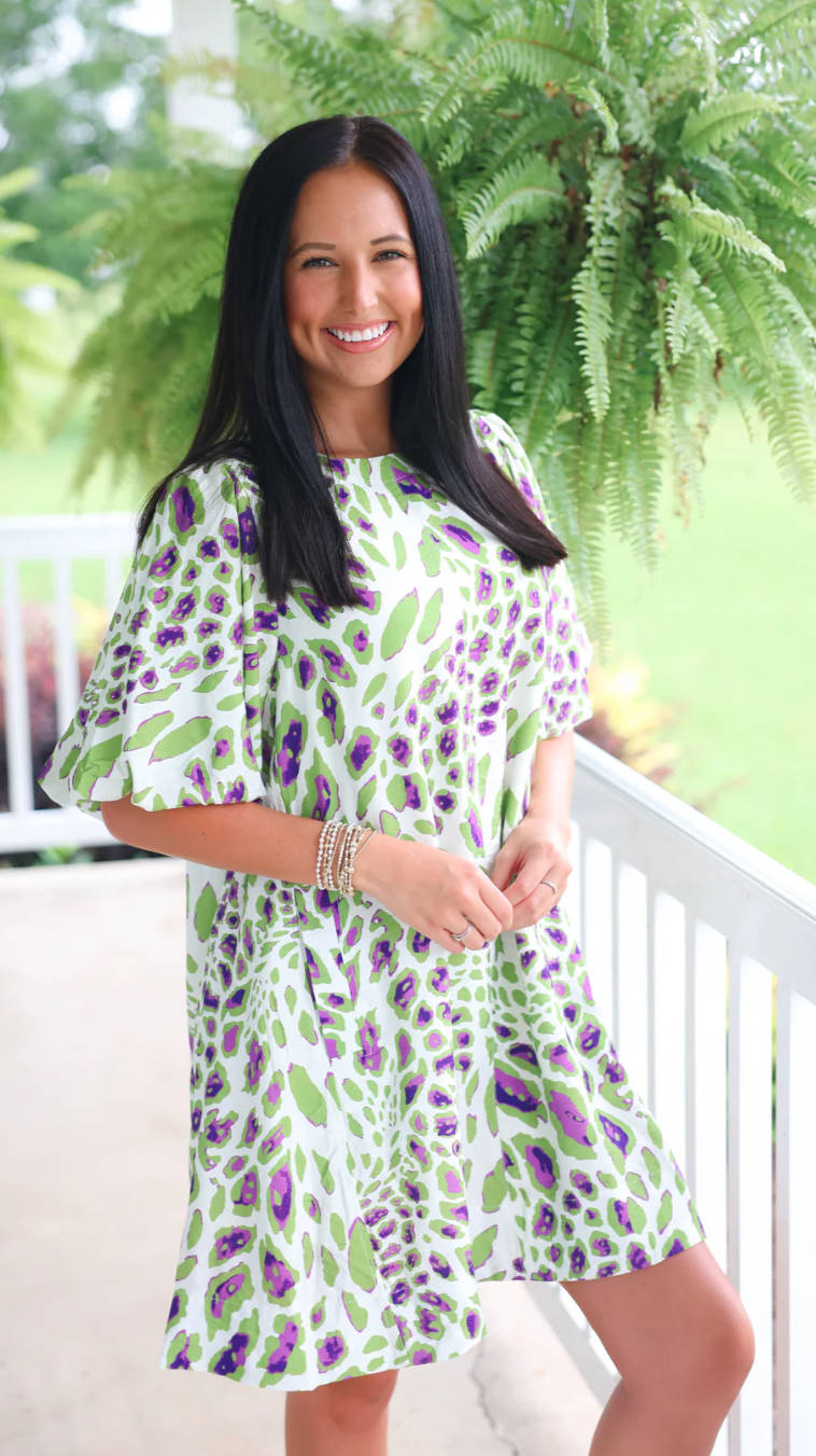 Purple and Green Two Tone Abstract Print Dress